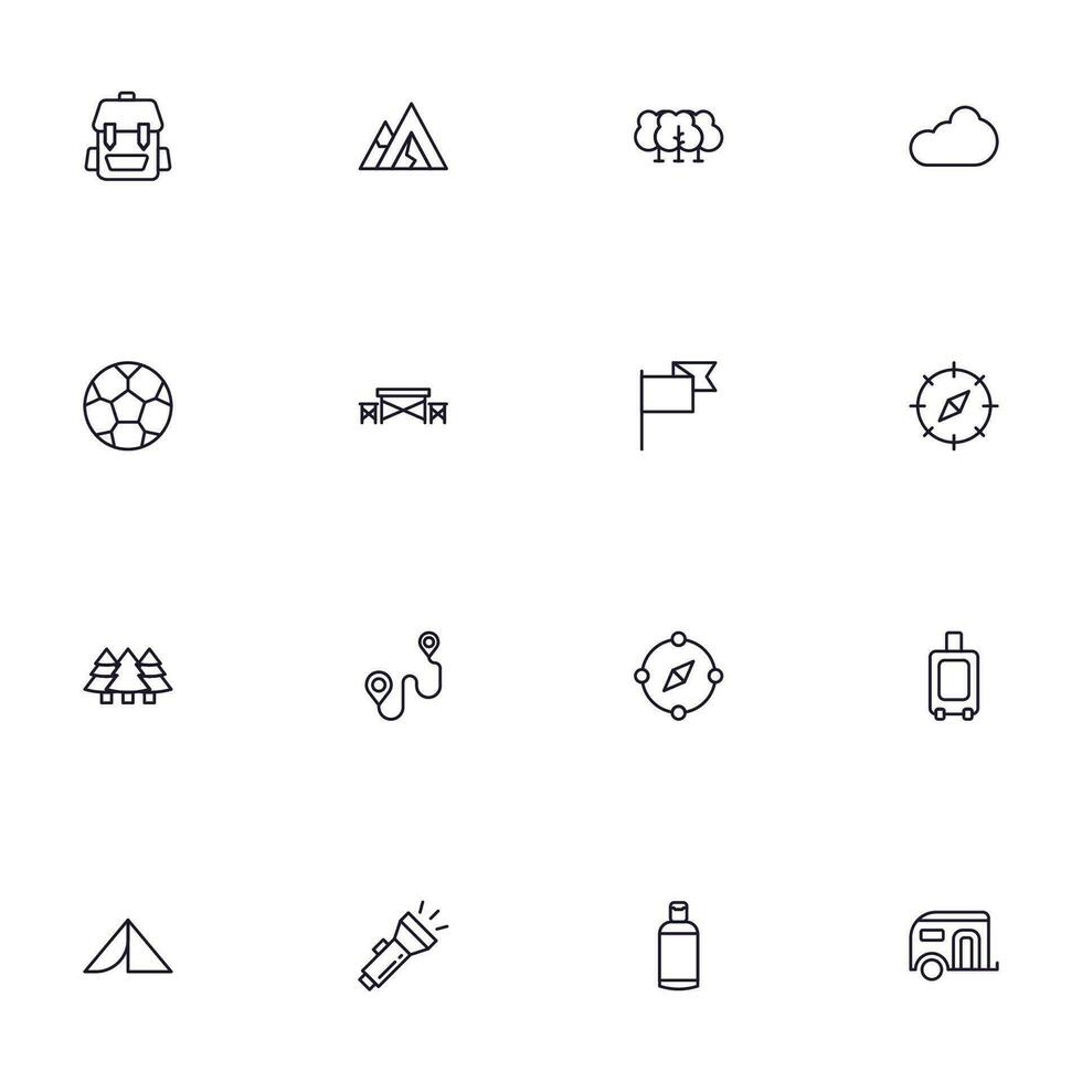 viaggio icona impostare. collezione di all'aperto attività cartello per ragnatela disegno, ui disegno, mobile app, eccetera. rilassare schema icona. campeggio nero pittogramma su bianca sfondo. vettore