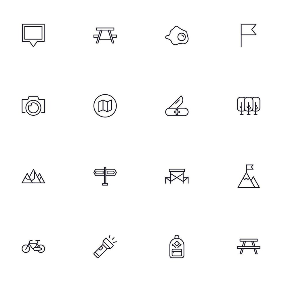 viaggio icona impostare. collezione di all'aperto attività cartello per ragnatela disegno, ui disegno, mobile app, eccetera. rilassare schema icona. campeggio nero pittogramma su bianca sfondo. vettore