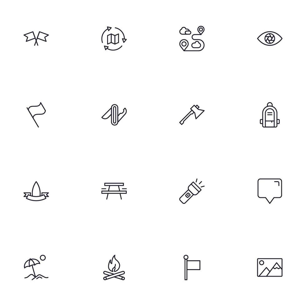 viaggio icona impostare. collezione di all'aperto attività cartello per ragnatela disegno, ui disegno, mobile app, eccetera. rilassare schema icona. campeggio nero pittogramma su bianca sfondo. vettore