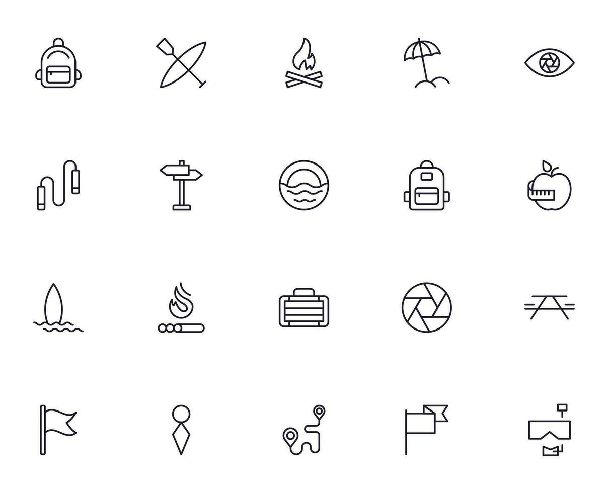 viaggio icona impostare. collezione di all'aperto attività cartello per ragnatela disegno, ui disegno, mobile app, eccetera. rilassare schema icona. campeggio nero pittogramma su bianca sfondo. vettore