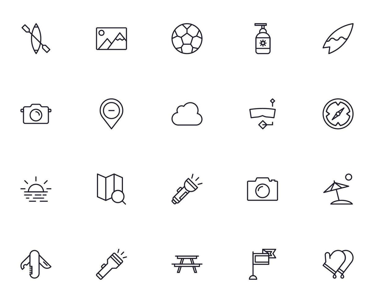 viaggio icona impostare. collezione di all'aperto attività cartello per ragnatela disegno, ui disegno, mobile app, eccetera. rilassare schema icona. campeggio nero pittogramma su bianca sfondo. vettore
