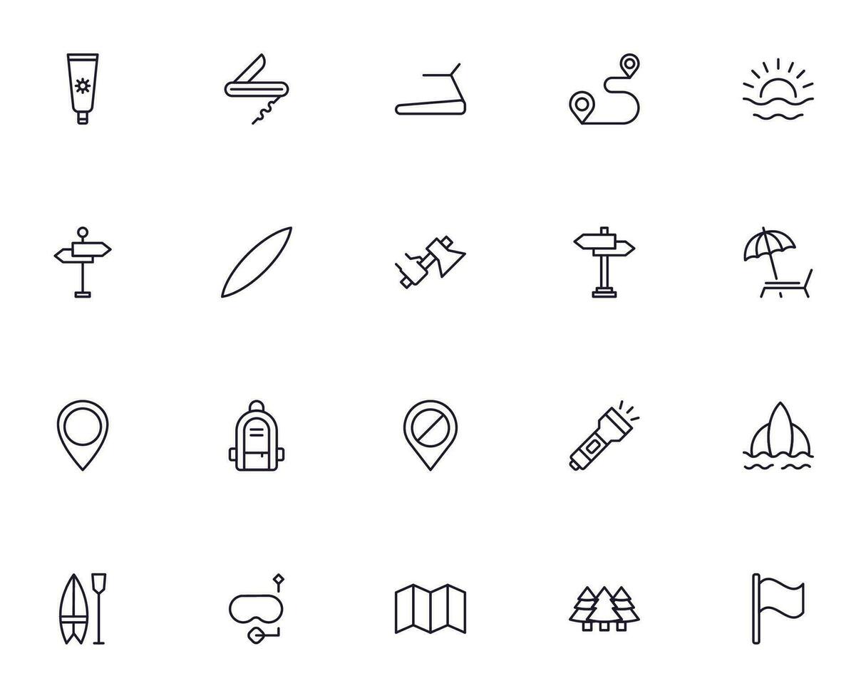 viaggio icona impostare. collezione di all'aperto attività cartello per ragnatela disegno, ui disegno, mobile app, eccetera. rilassare schema icona. campeggio nero pittogramma su bianca sfondo. vettore