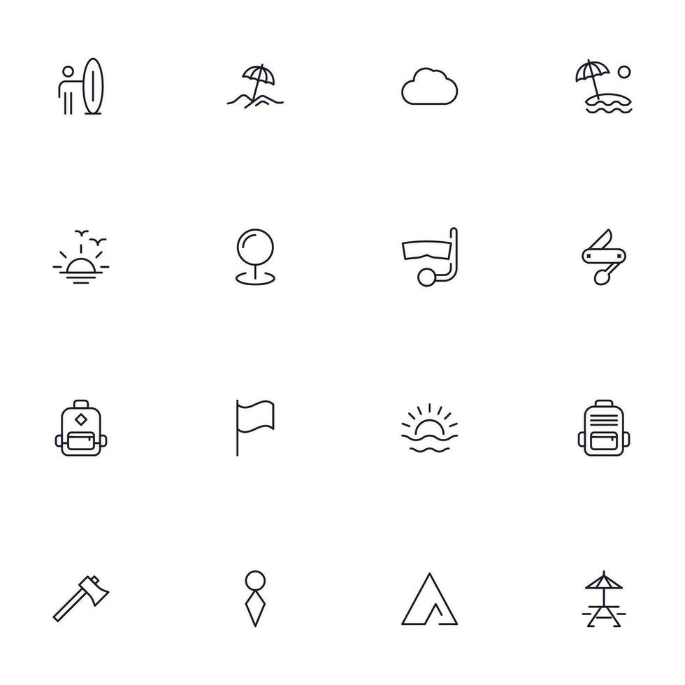 viaggio icona impostare. collezione di all'aperto attività cartello per ragnatela disegno, ui disegno, mobile app, eccetera. rilassare schema icona. campeggio nero pittogramma su bianca sfondo. vettore