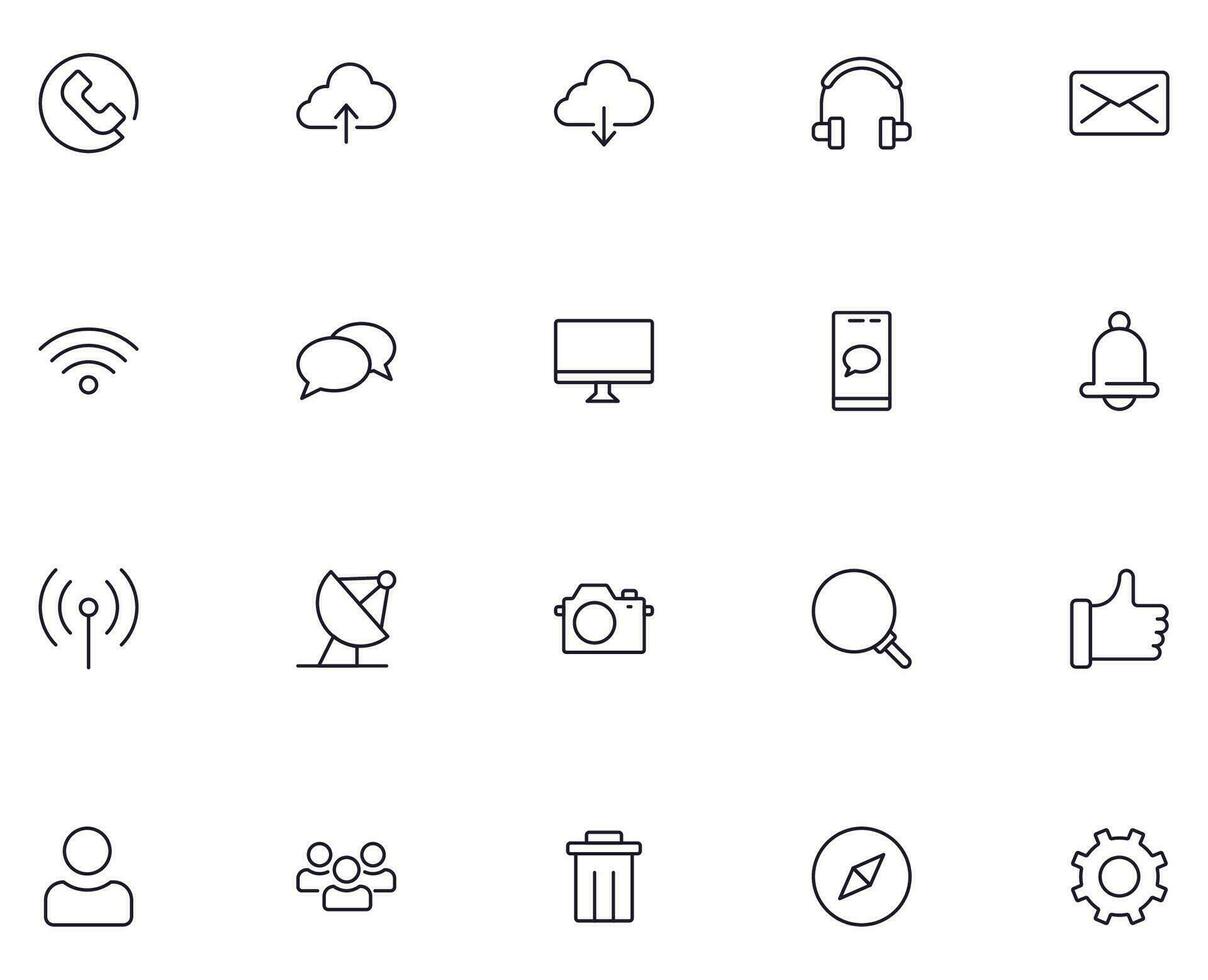 connessione e comunicazione concetto. moderno schema cartello per ragnatela siti, app, annunci. vettore linea icona impostato con simboli di Telefono, caricamento, Scarica, tv, computer eccetera