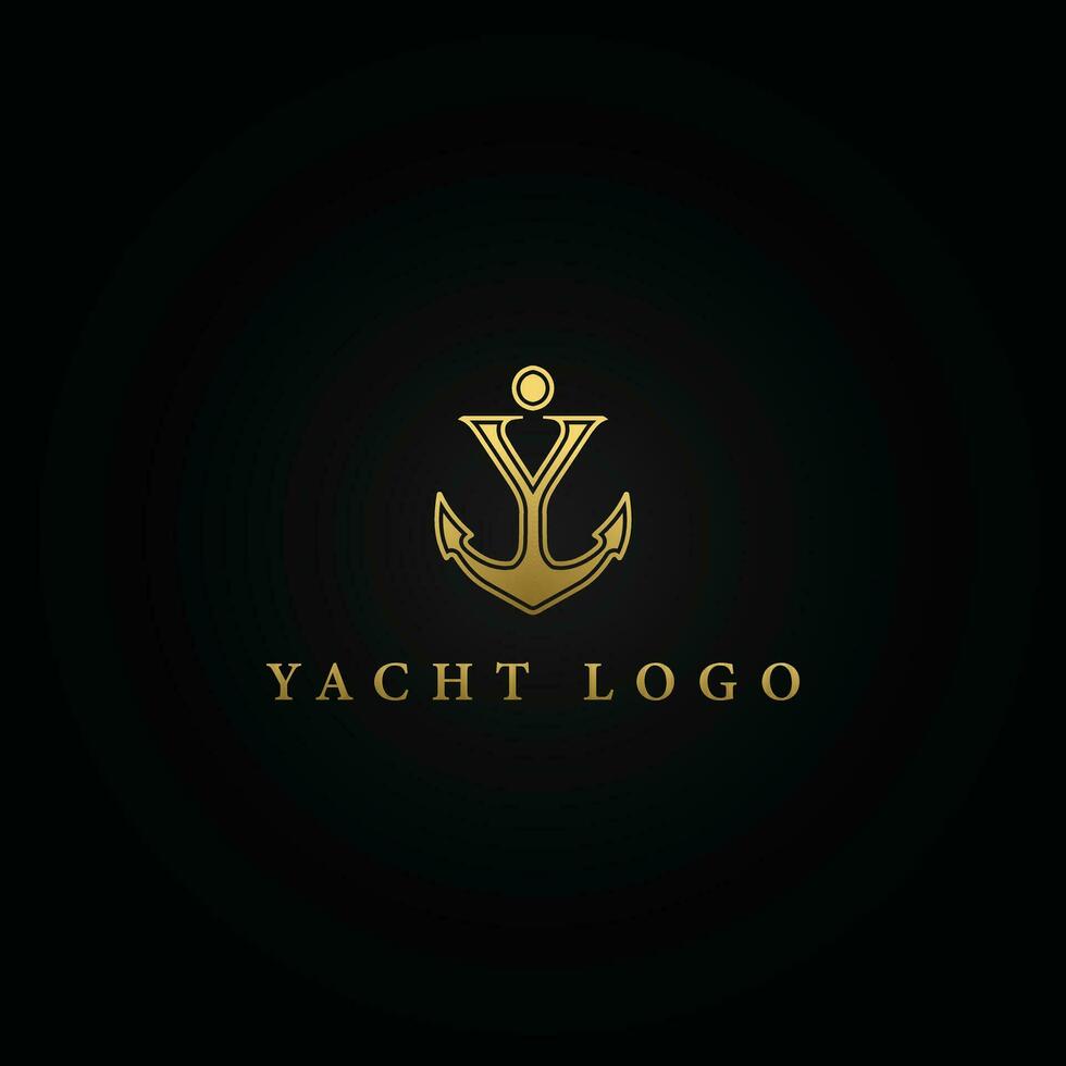 astratto lettera y monogramma, ancora logotipo. il logo di il yacht club, marittimo nel oro colore isolato su un' nero sfondo. lettera ancora y nel oro colore applicato per il yacht carta broker logo vettore