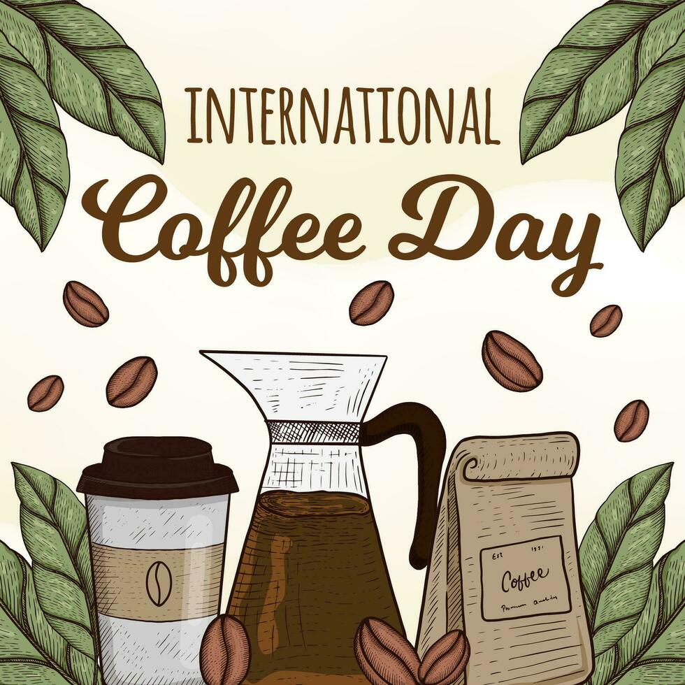 mano disegnato internazionale caffè giorno illustrazione con tazza, teiera, e un' imballare di caffè vettore