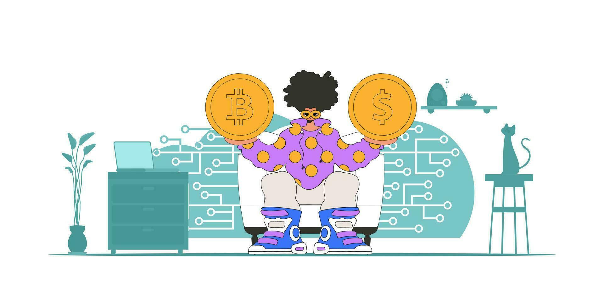 un' uomo è Tenere un' moneta di bitcoin e dollaro. criptovaluta tema. vettore