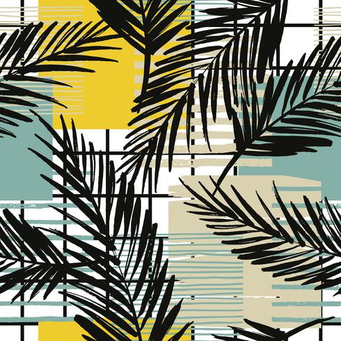 Seamless pattern esotico con palme ed elementi geometrici. vettore