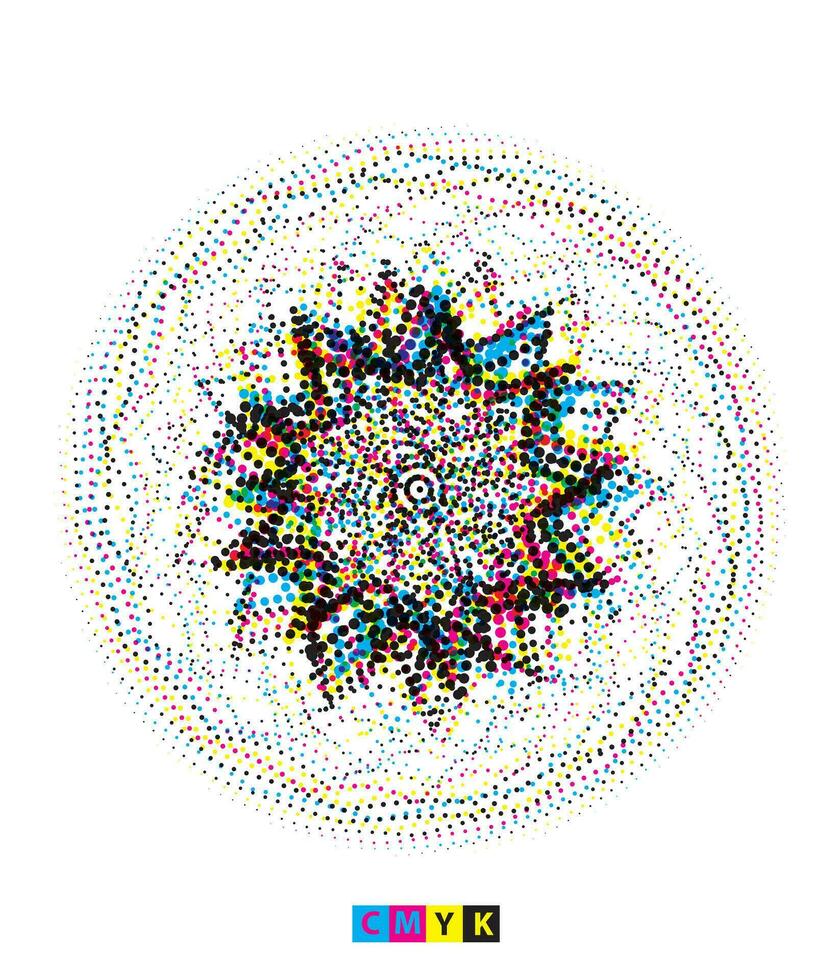 un' circolare modello con colorato puntini su esso, CMYK Due cerchi con colorato puntini su loro impostare, CMYK vettore illustrazione di un' fiore con un' cerchio e un' punto, mandala vettore