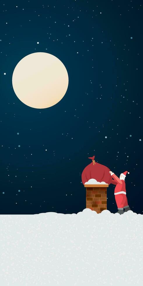 Santa clausola provare per spingere il suo regalo Borsa in mattone camino a il tetto quale copertina di neve verticale vettore illustrazione. allegro Natale e contento nuovo anno saluto carta modello.