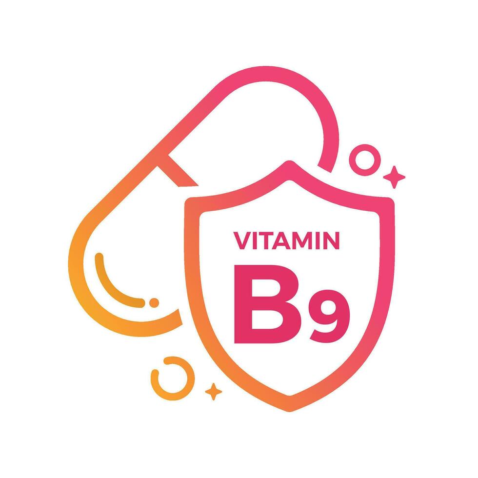 vitamina b9 pillola scudo icona logo protezione, medicina brughiera vettore illustrazione