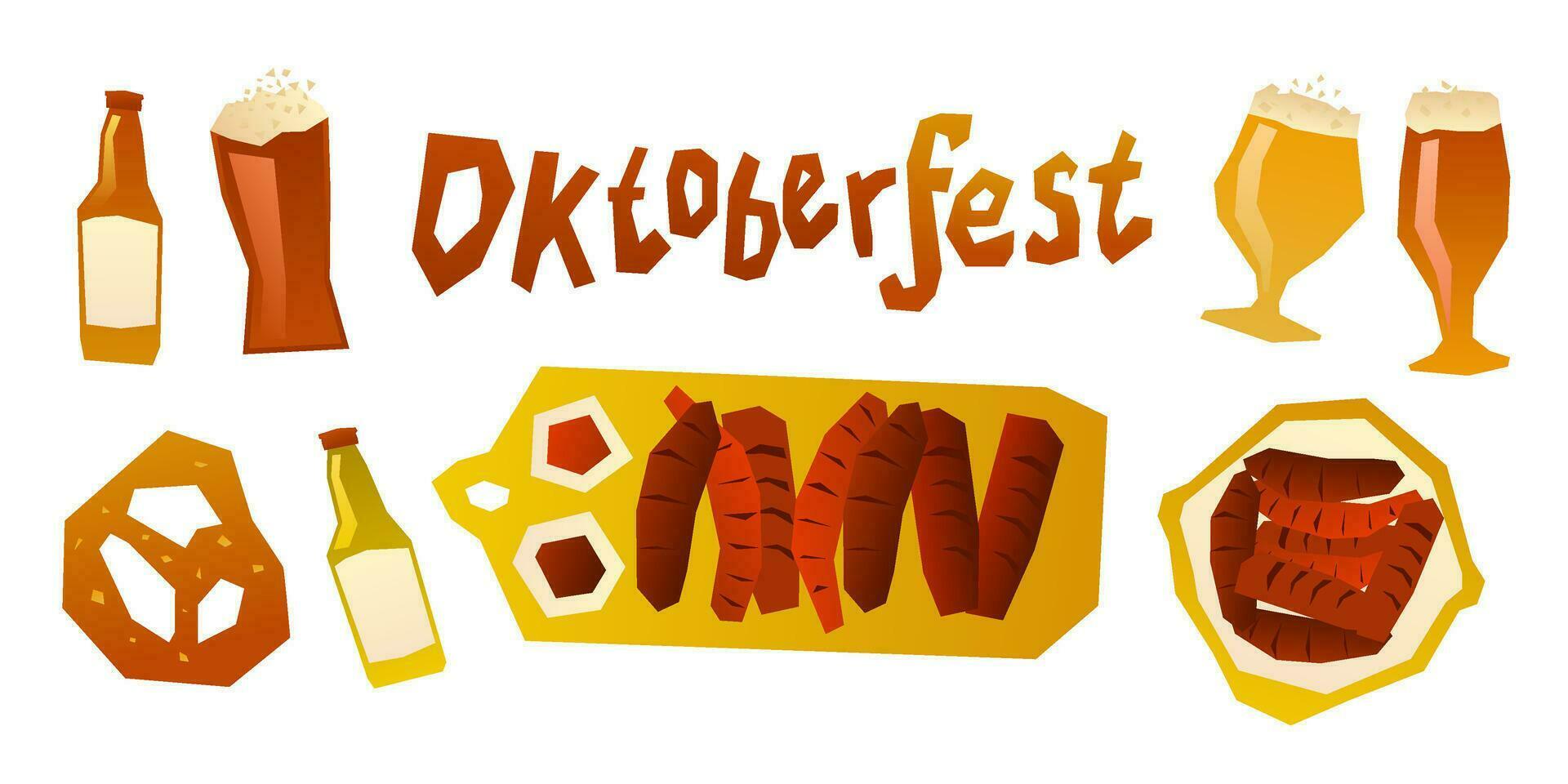 oktoberfest birra Festival icone impostare. pantaloni di pelle, Pan di zenzero, fisarmonica, birra, grigliato salsiccia. vettore illustrazione.