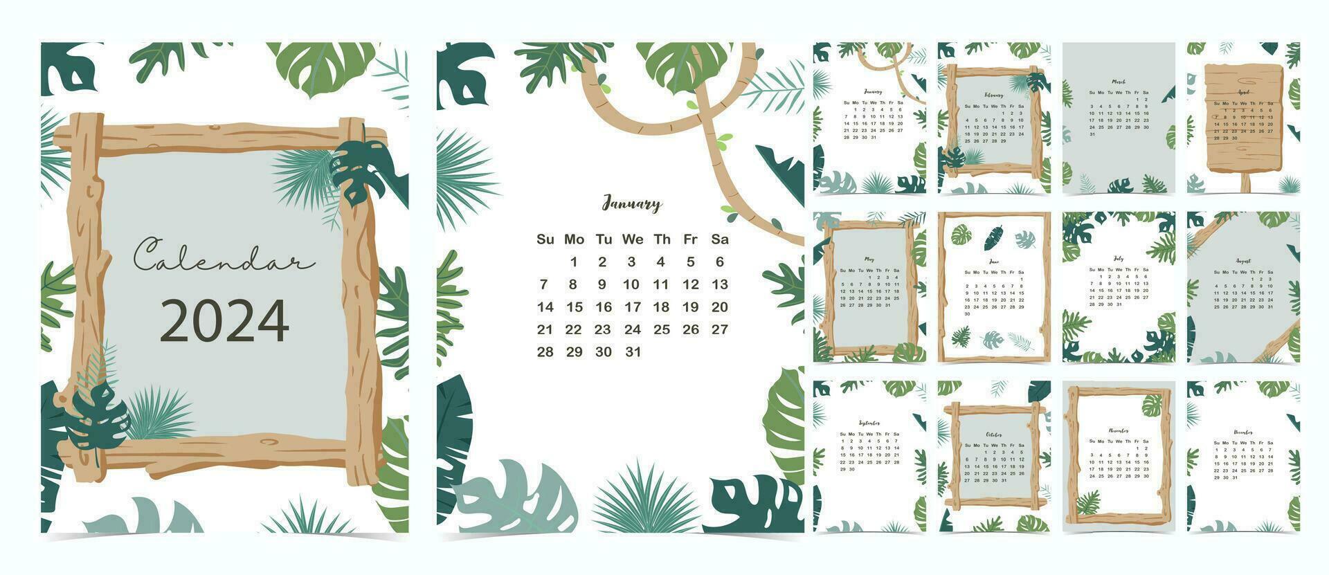 2024 tavolo calendario settimana inizio su Domenica con foglia, safari quello uso per verticale digitale e stampabile a4 a5 dimensione vettore