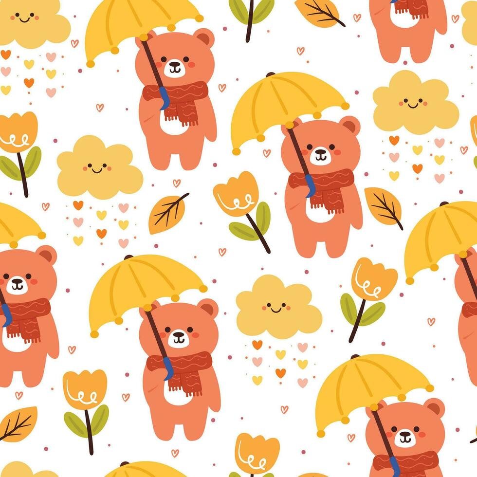 senza soluzione di continuità modello cartone animato orso con ombrello, le foglie e autunno vibrazioni elemento. carino autunno sfondo per vacanza. design per tessuto, piatto disegno, regalo avvolgere carta vettore