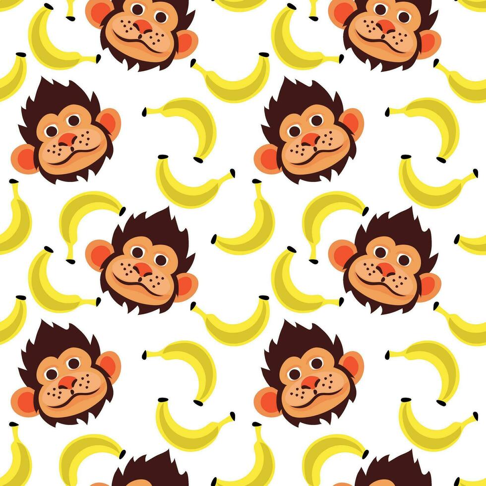 senza soluzione di continuità modello con divertente scimmia viso e banane. vettore illustrazione di un' tropicale animale con cibo su un' bianca sfondo. figli di cartone animato illustrazione per stampa su tessile e carta