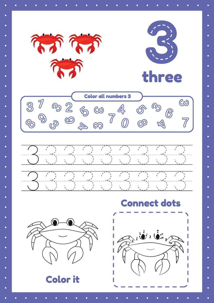 molti Giochi su uno pagina per bambini formazione scolastica. colore pagina, punto per punto, traccia. fogli di lavoro per prescolastico bambini. apprendimento numero 3 vettore