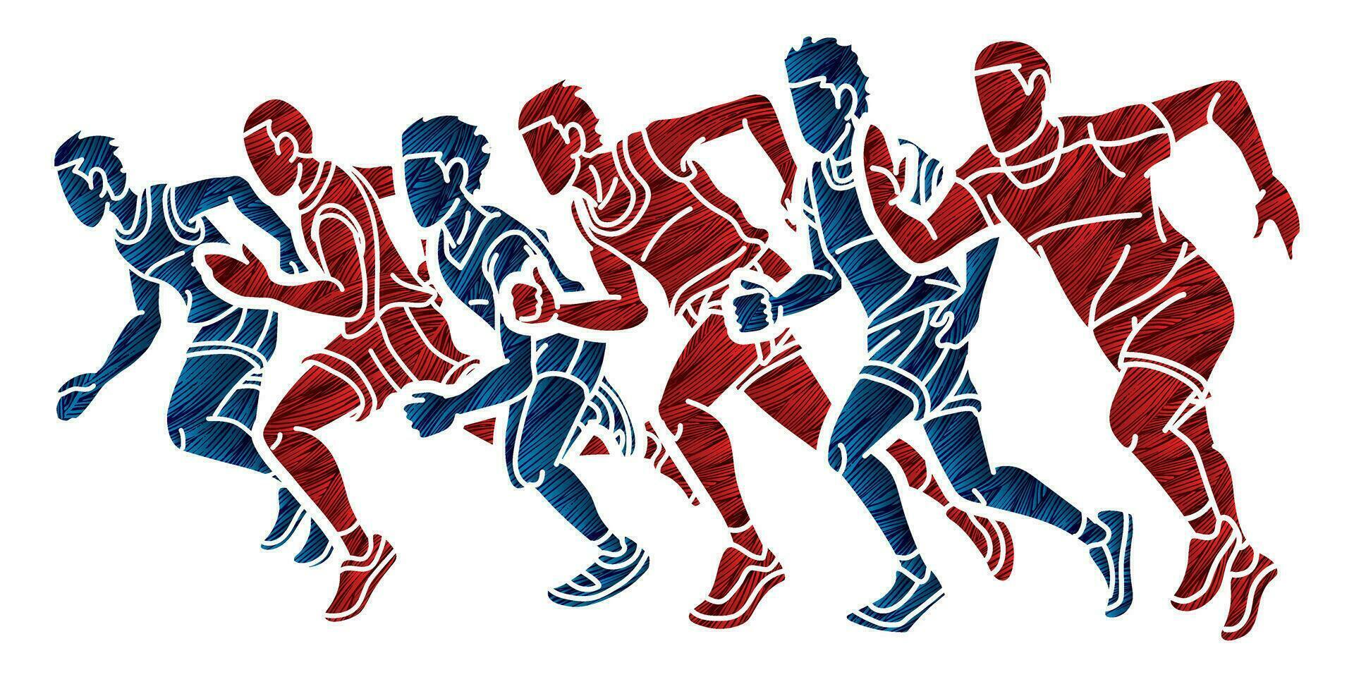 gruppo di corridore azione inizio in esecuzione uomini correre insieme cartone animato sport grafico vettore