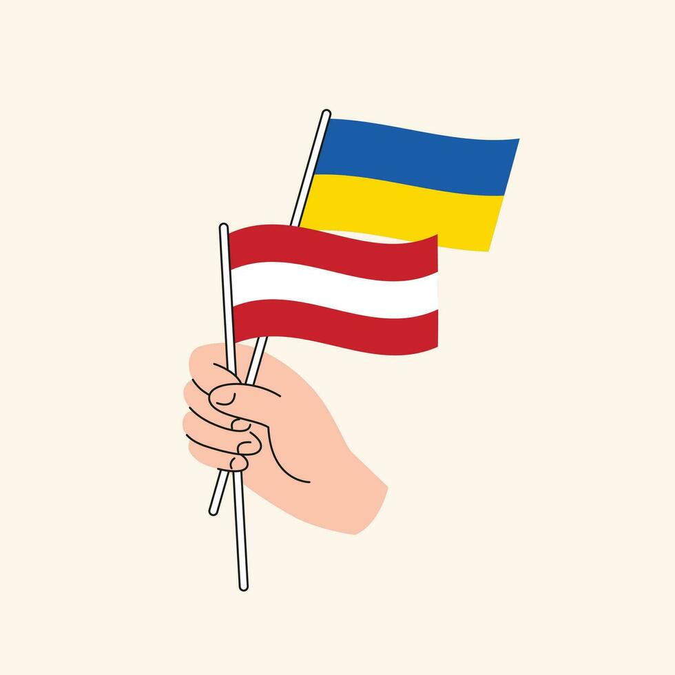 cartone animato mano Tenere ucraino e austriaco bandiere. Ucraina e Austria relazioni vettore