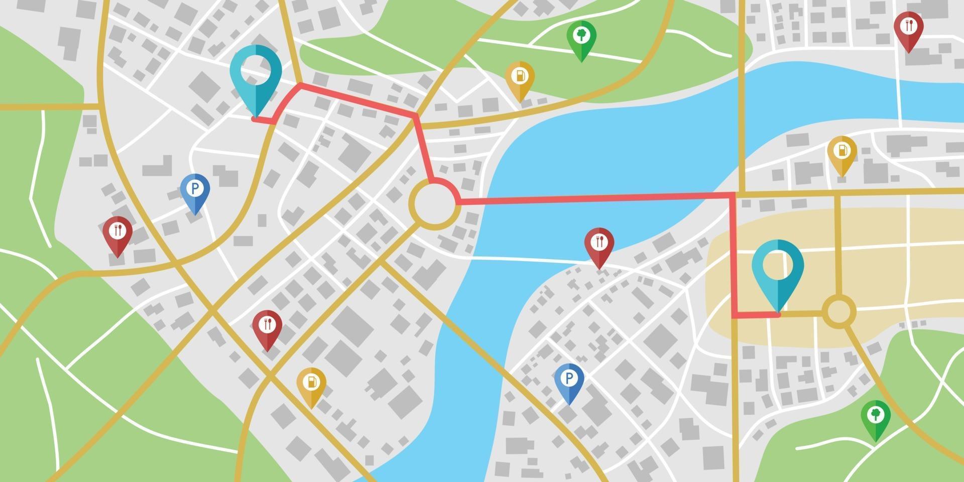 navigazione della mappa della città immaginaria con fiumi e parchi. vettore