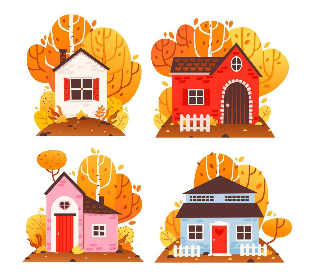 accogliente autunno case collezione. un' Casa su il sfondo di un autunno paesaggio. cartone animato vettore illustrazione.