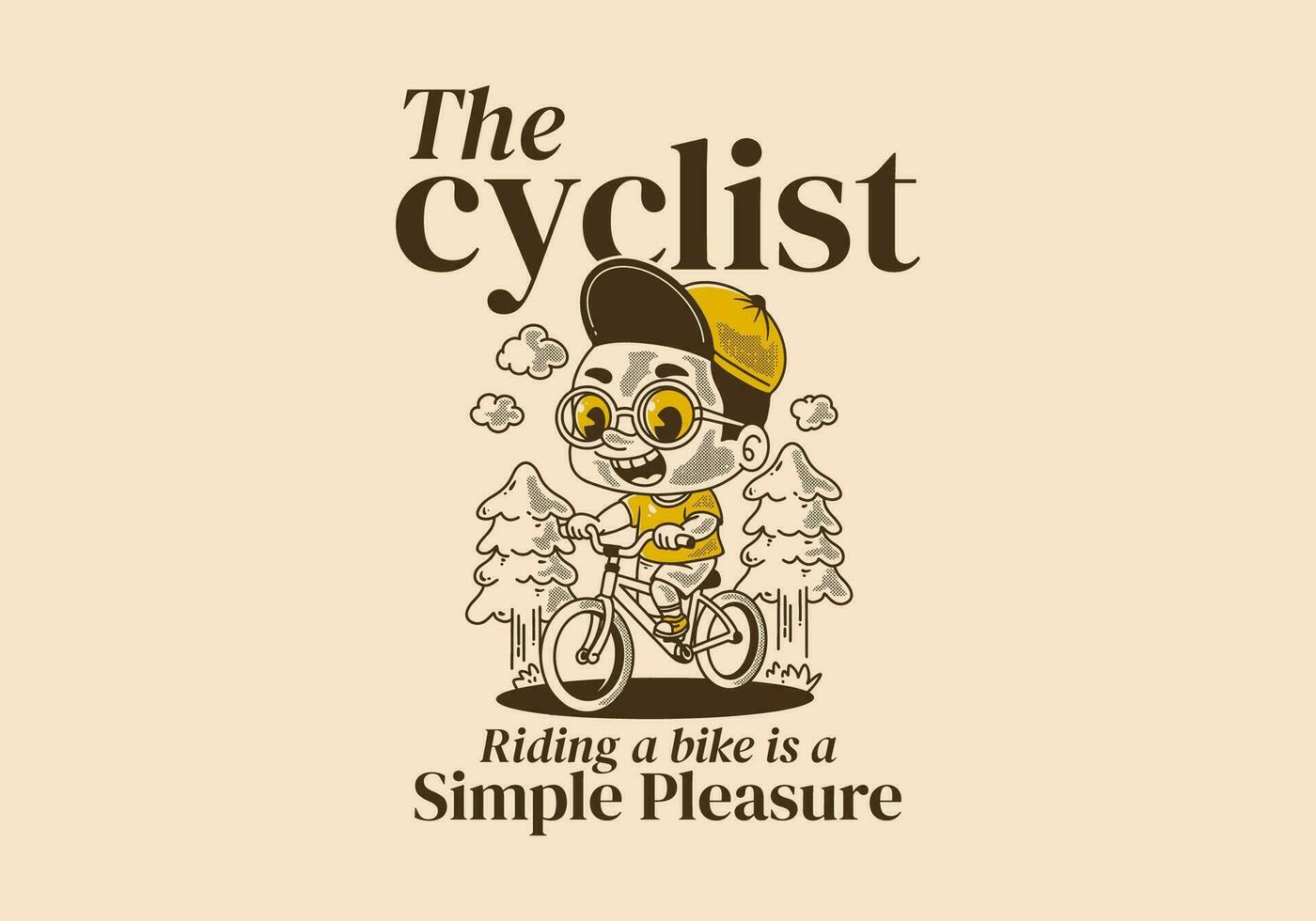 il ciclista, equitazione un' bicicletta è un' semplice piacere. retrò illustrazione di un' ragazzo equitazione bicicletta, pino alberi vettore