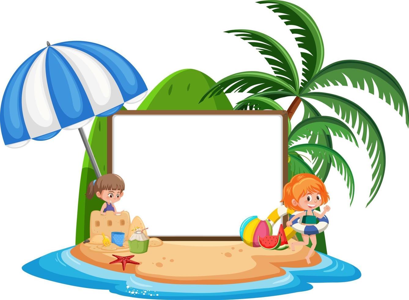 modello di banner vuoto con carattere di bambini in vacanza estiva in spiaggia su sfondo bianco vettore