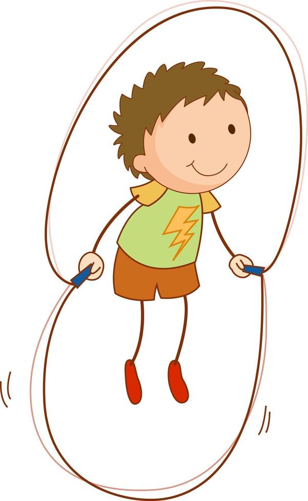 un personaggio dei cartoni animati di doodle kid saltare la corda isolato vettore