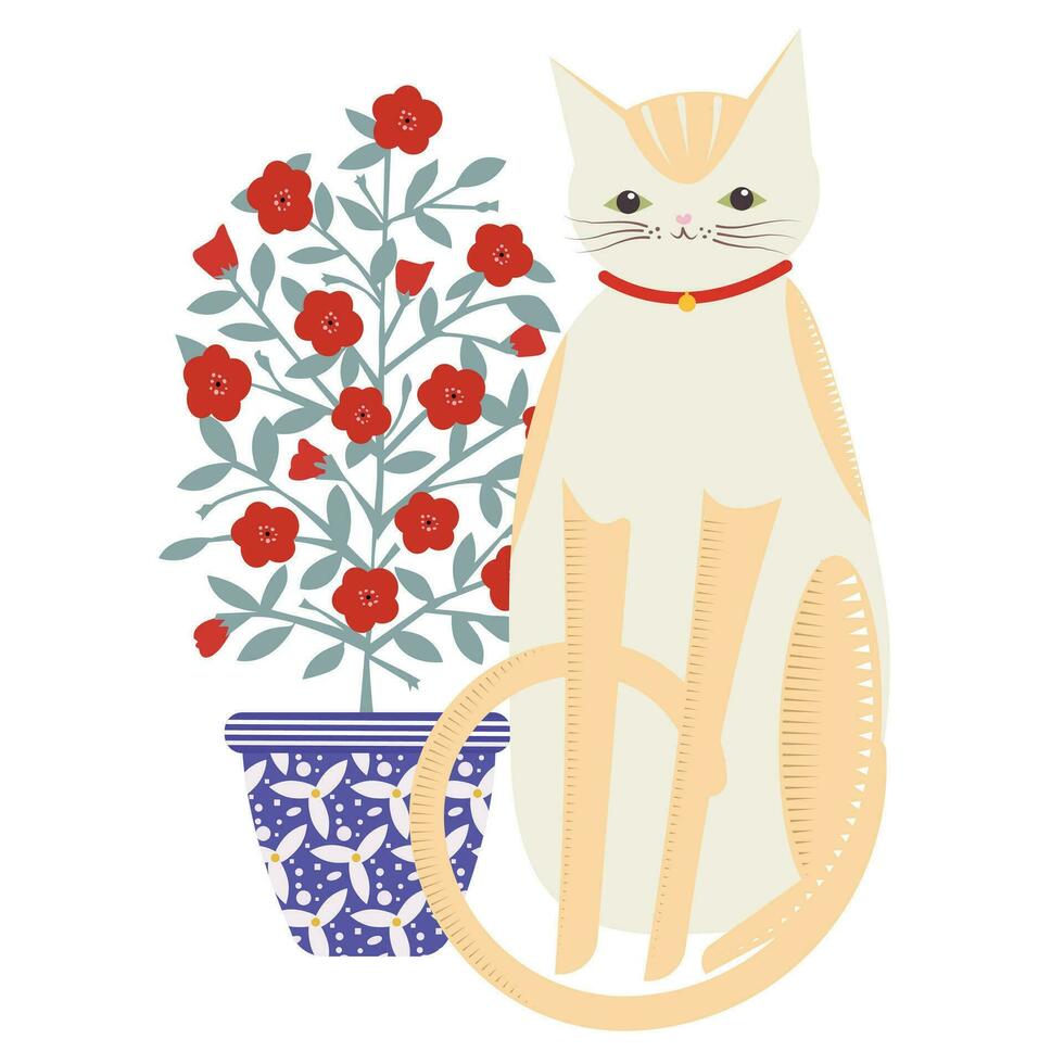 animale domestico gatto seduta nel davanti di un' fiore pentola vettore