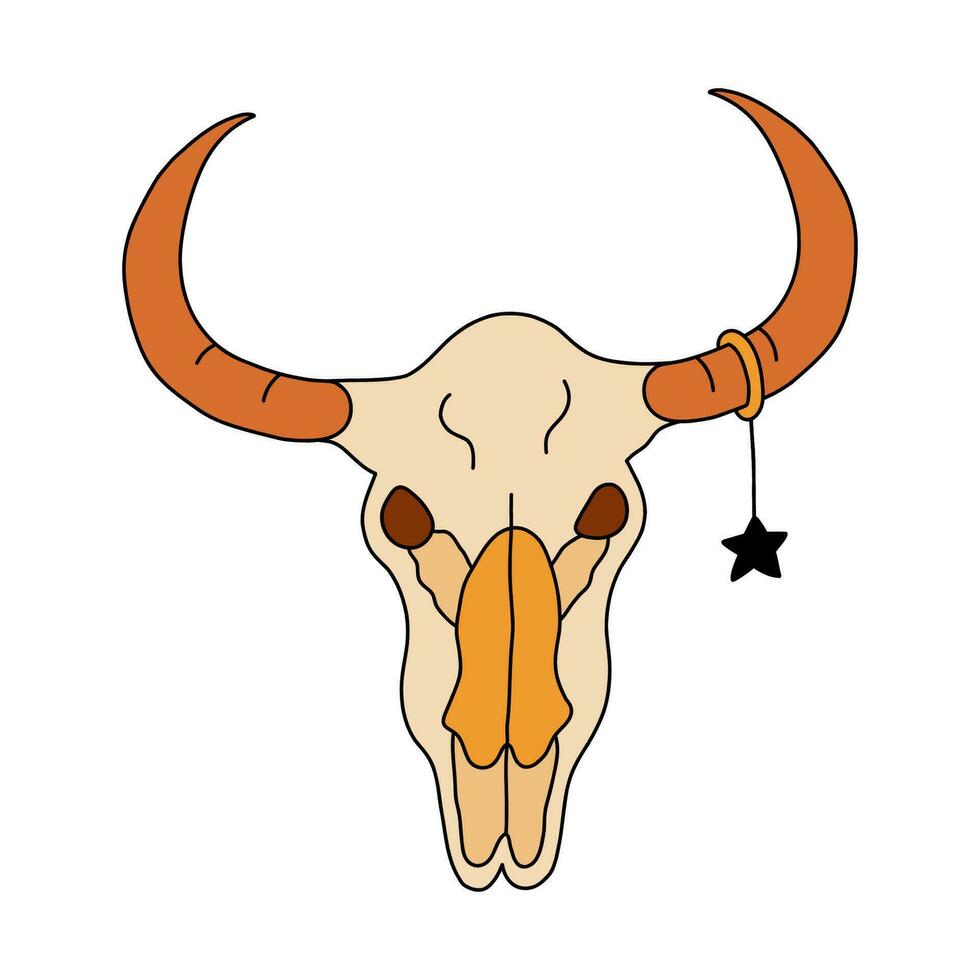 semplice colorato scarabocchio di Toro cranio con stella orecchino su il corno con mano disegnato schema. ritratto di mucca palella testa scheletro nel davanti Visualizza. cartello di cowboy, occidentale cultura, cowgirl, Texas vettore