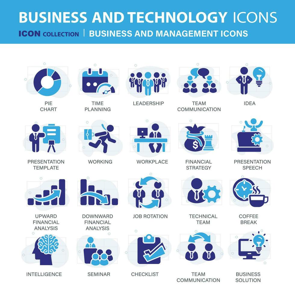 attività commerciale e gestione icona impostare. icone per comando, lavoro di squadra, lavoro e opera, statistiche, analitica e pubblicità. piatto vettore illustrazione. blu icona per attività commerciale collezione