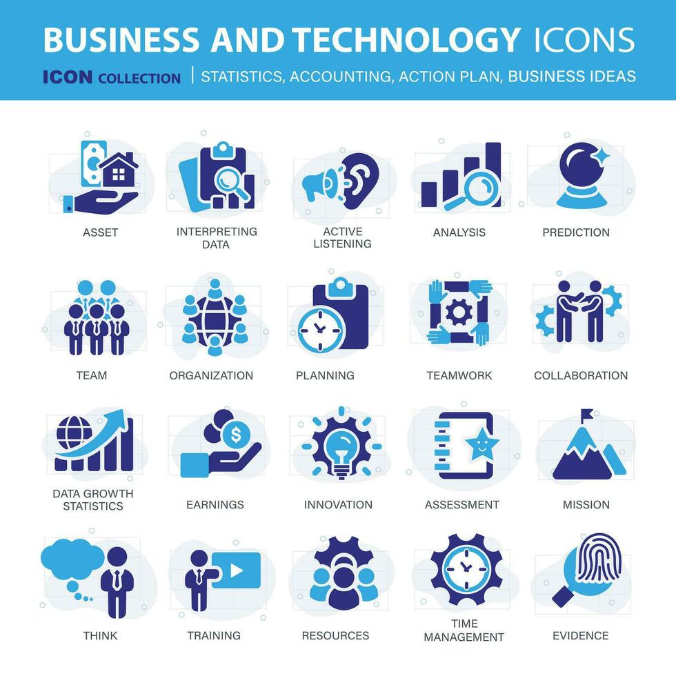 icone collezione per attività commerciale e gestione. concetto icone per statistiche, contabilità, azione Piano e attività commerciale idee. piatto vettore illustrazione