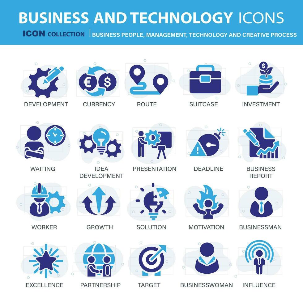 attività commerciale, dati analisi, organizzazione gestione e tecnologia icona impostare. attività commerciale le persone, gestione, tecnologia, creativo processi icona impostare. icone vettore collezione