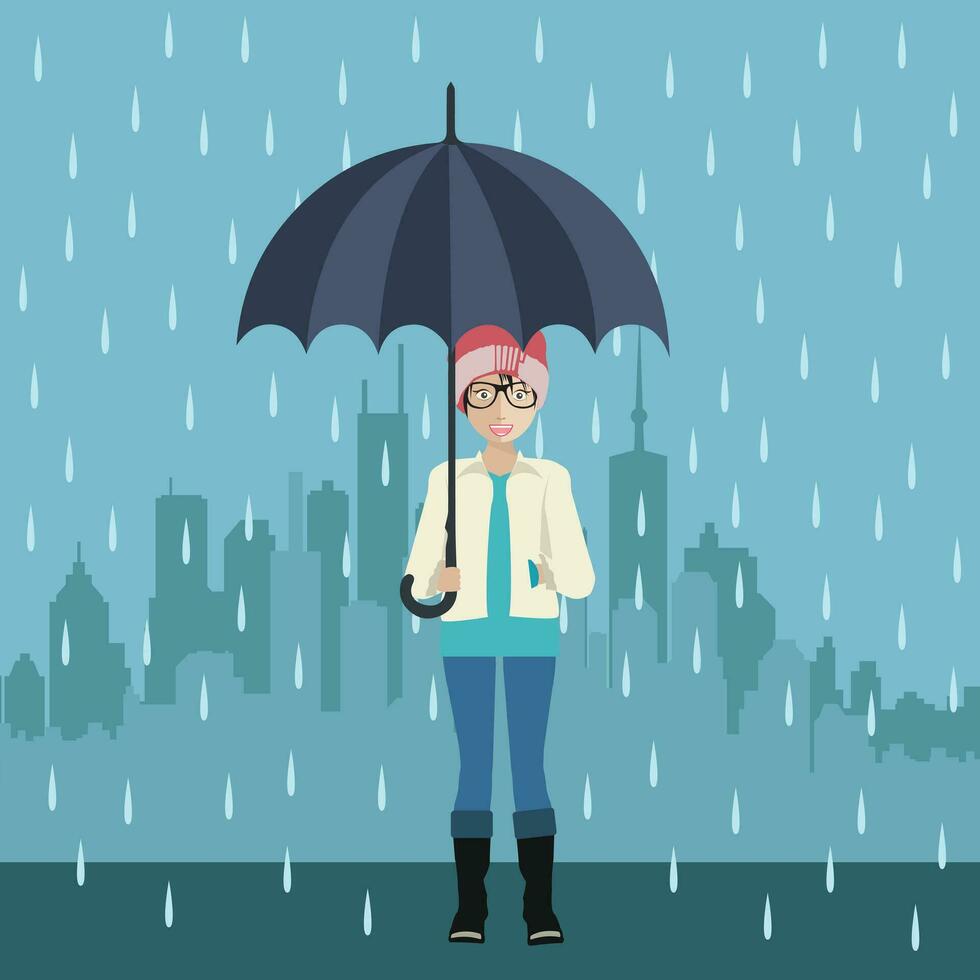 ragazza con ombrello sotto il pioggia. grande città silhouette su il sfondo. piatto vettore illustrazione di autunno.