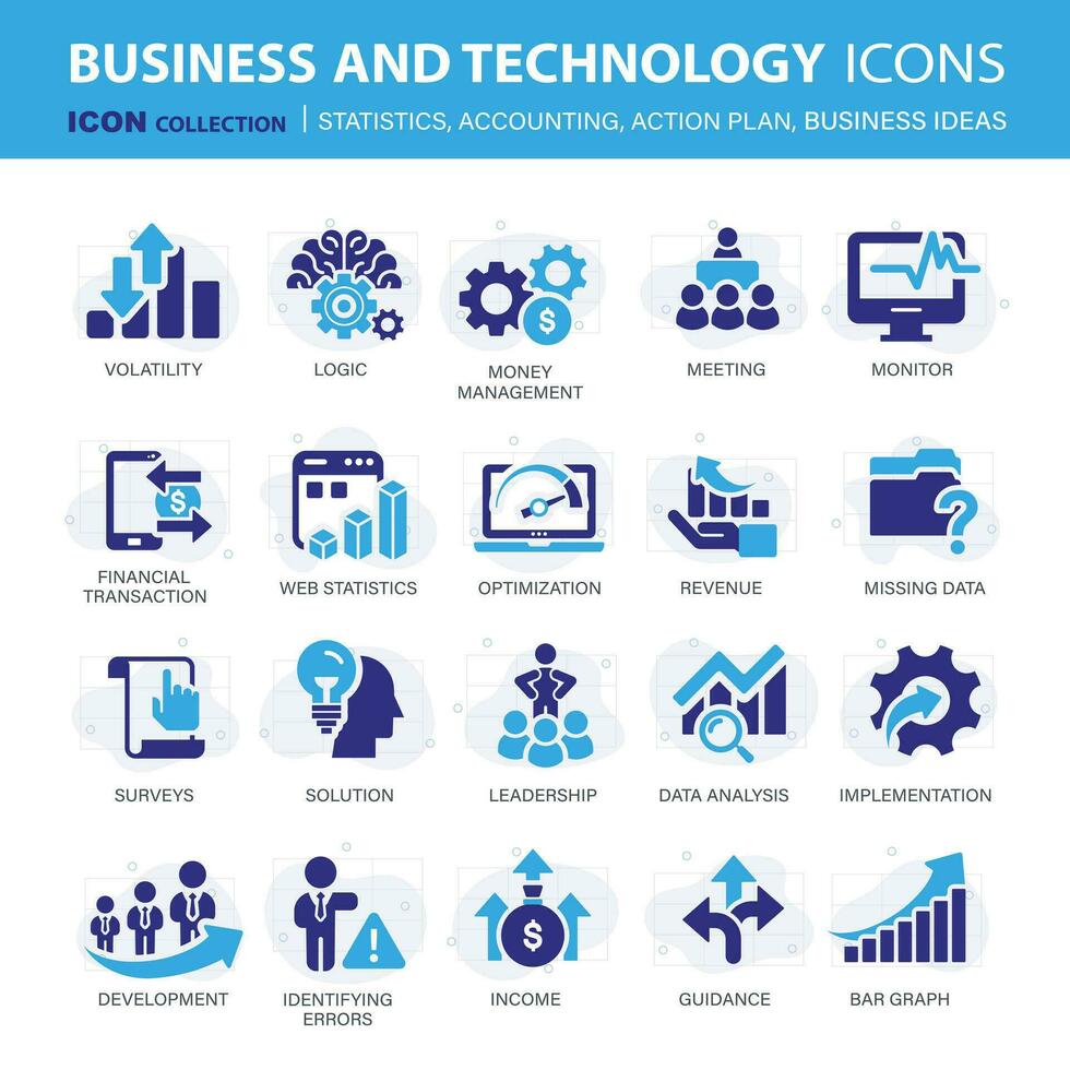 icone collezione per attività commerciale e gestione. concetto icone per statistiche, contabilità, azione Piano e attività commerciale idee. piatto vettore illustrazione