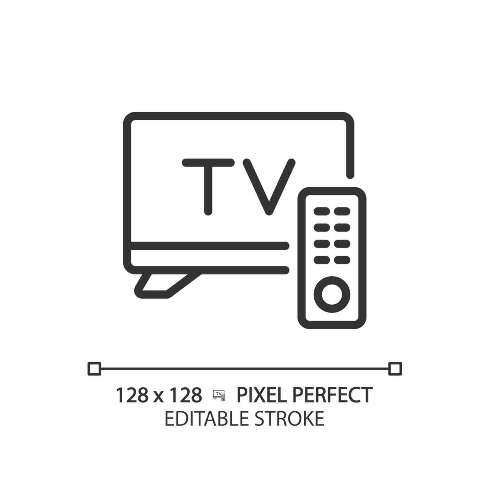 2d pixel Perfetto modificabile nero televisione impostato icona, isolato vettore, magro linea illustrazione che rappresentano giornalismo. vettore