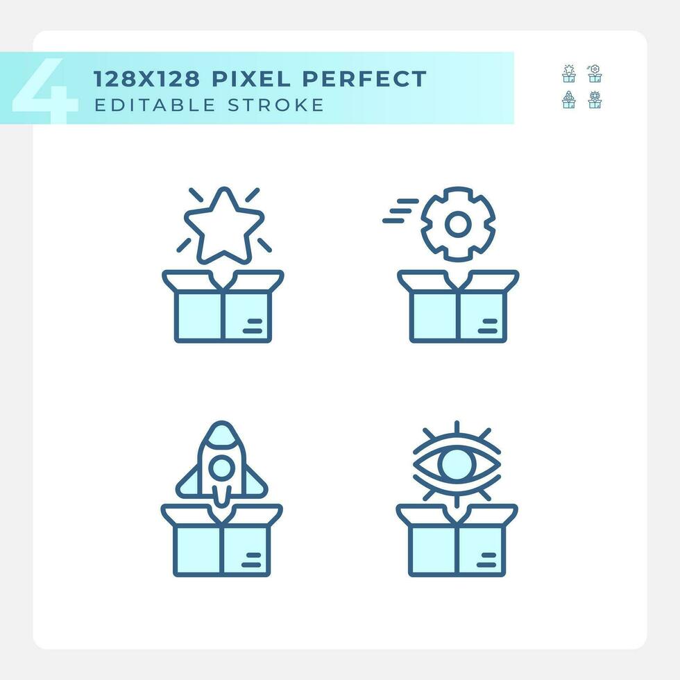 pixel Perfetto icone impostato che rappresentano Prodotto gestione, modificabile blu magro linea illustrazione. vettore