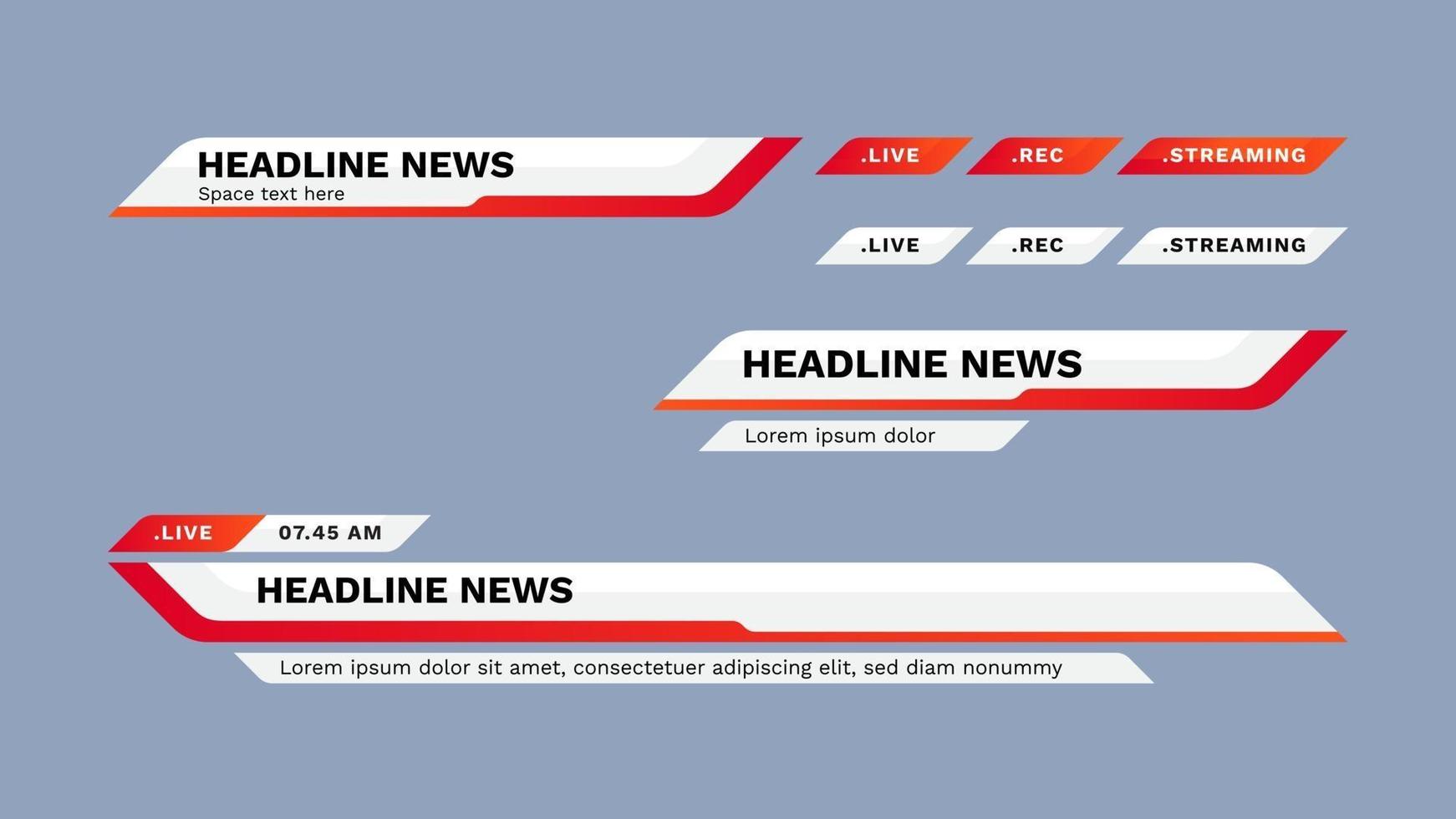 terzo modello di progettazione inferiore. set di banner e barre TV per canali di notizie e sport, streaming e trasmissione. illustrazione vettoriale. vettore