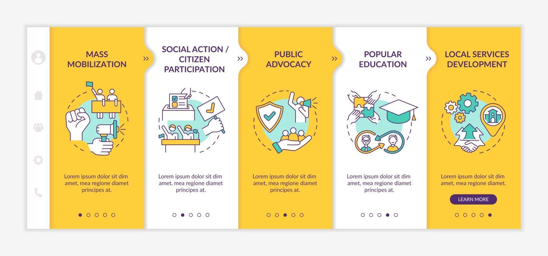 modello vettoriale di onboarding delle strategie di cambiamento dell'unità sociale. sito mobile reattivo con icone. procedura dettagliata della pagina web 5 schermate di passaggio. concetto di colore di mobilitazione di massa con illustrazioni lineari