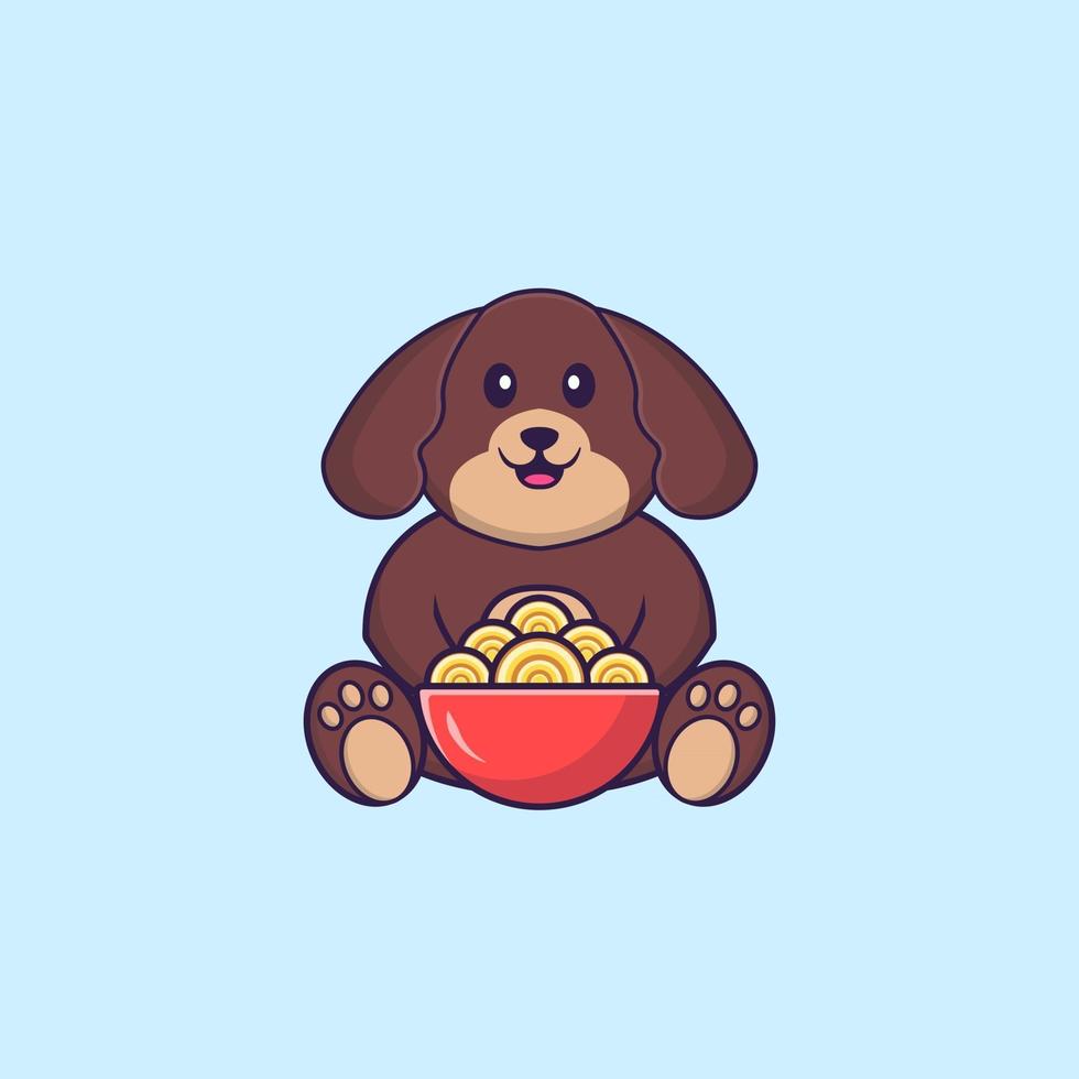 simpatico cane che mangia spaghetti ramen. concetto animale del fumetto isolato. può essere utilizzato per t-shirt, biglietti di auguri, biglietti d'invito o mascotte. stile cartone animato piatto vettore