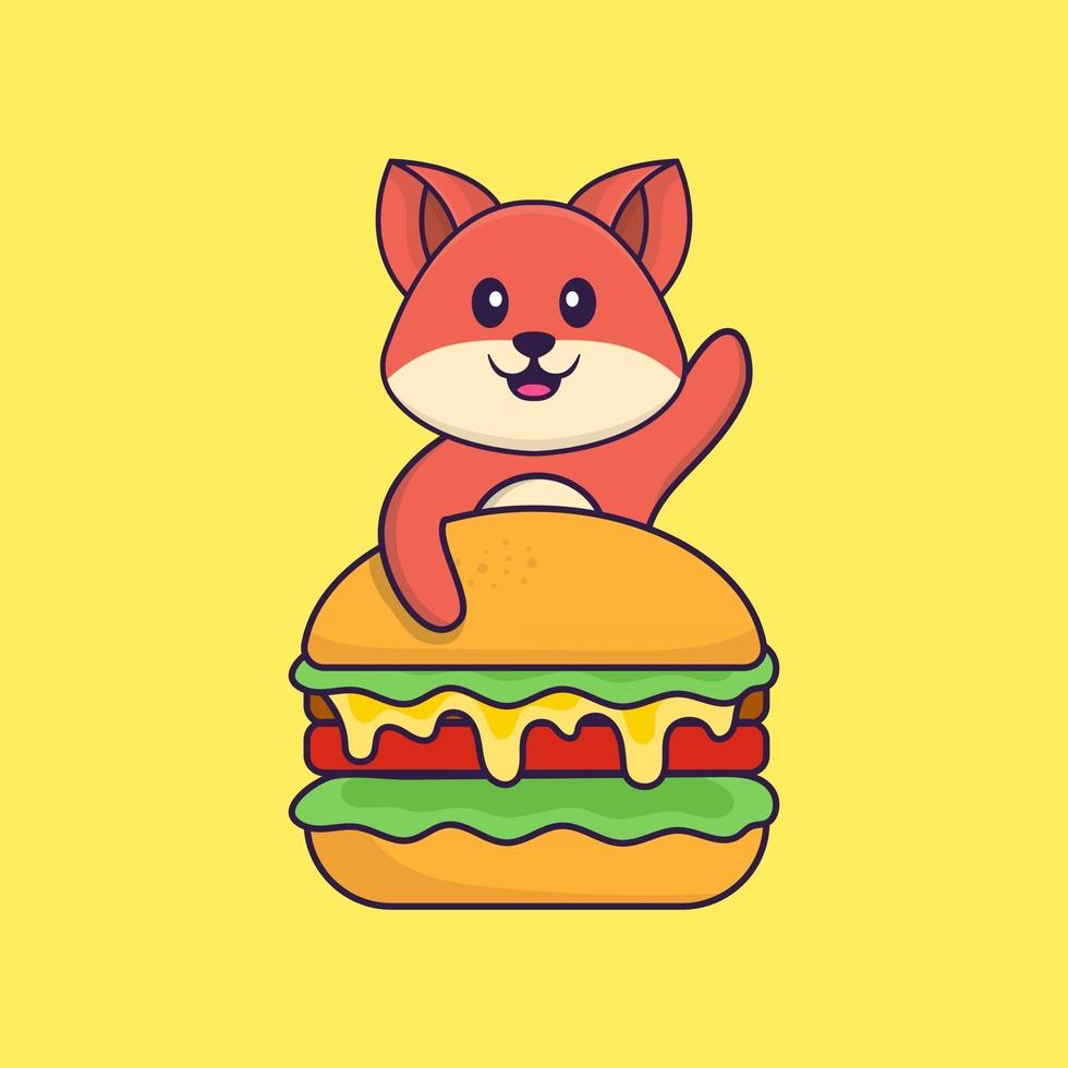 simpatica volpe che mangia hamburger. concetto animale del fumetto isolato. può essere utilizzato per t-shirt, biglietti di auguri, biglietti d'invito o mascotte. stile cartone animato piatto vettore