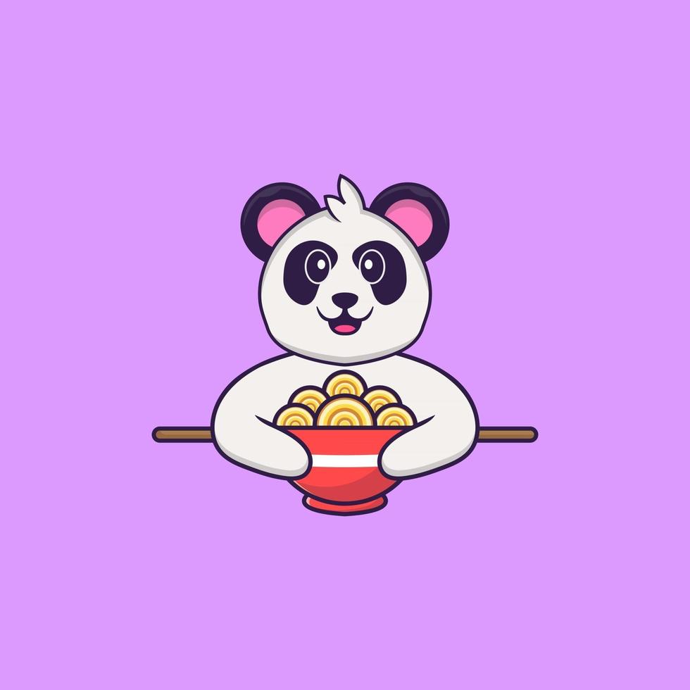 simpatico panda che mangia spaghetti ramen. concetto animale del fumetto isolato. può essere utilizzato per t-shirt, biglietti di auguri, biglietti d'invito o mascotte. stile cartone animato piatto vettore