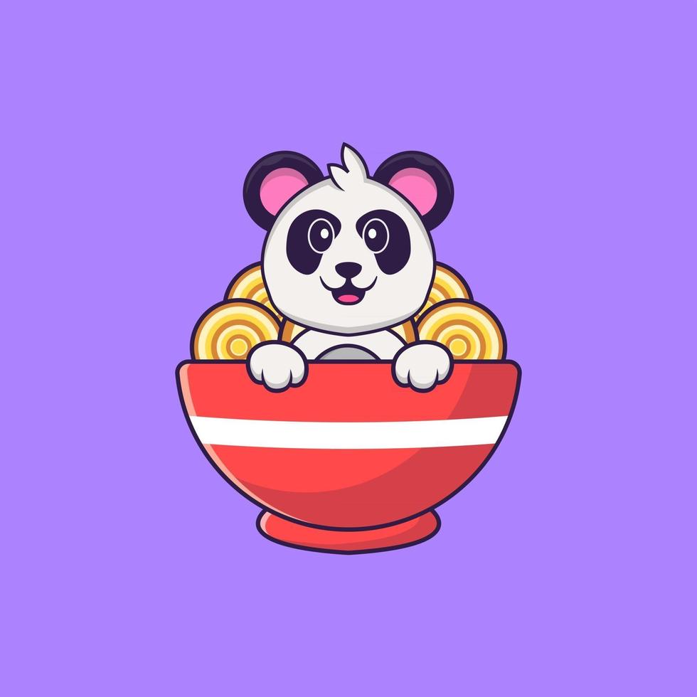 simpatico panda che mangia spaghetti ramen. concetto animale del fumetto isolato. può essere utilizzato per t-shirt, biglietti di auguri, biglietti d'invito o mascotte. stile cartone animato piatto vettore
