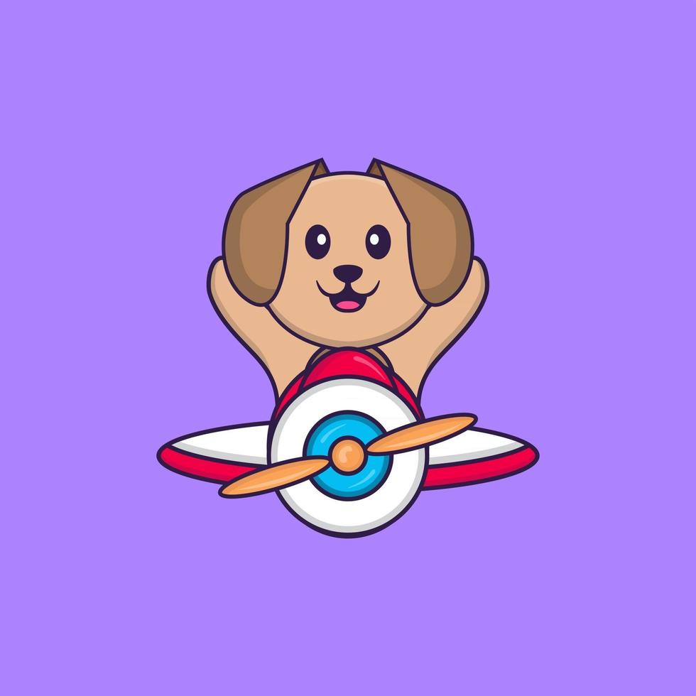 simpatico cane che vola su un aereo. concetto animale del fumetto isolato. può essere utilizzato per t-shirt, biglietti di auguri, biglietti d'invito o mascotte. stile cartone animato piatto vettore