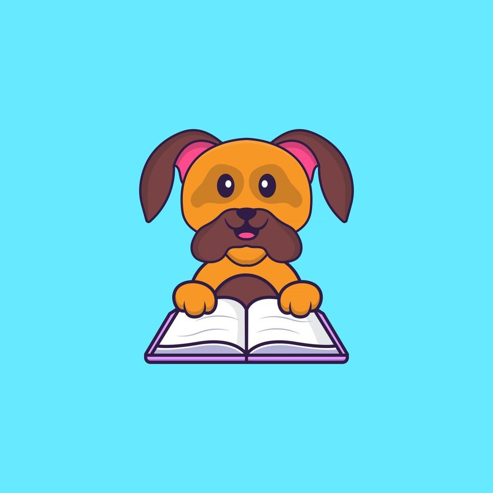 simpatico cane che legge un libro. concetto animale del fumetto isolato. può essere utilizzato per t-shirt, biglietti di auguri, biglietti d'invito o mascotte. stile cartone animato piatto vettore