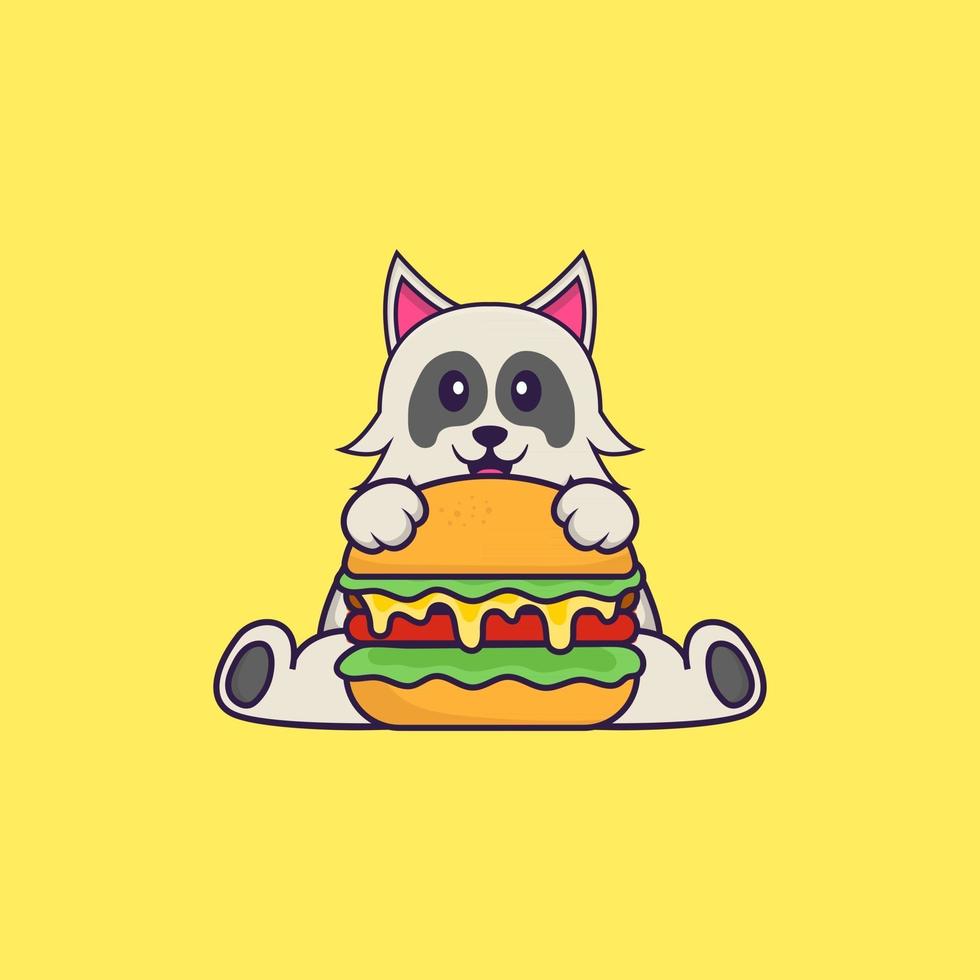 simpatico cane che mangia hamburger. concetto animale del fumetto isolato. può essere utilizzato per t-shirt, biglietti di auguri, biglietti d'invito o mascotte. stile cartone animato piatto vettore