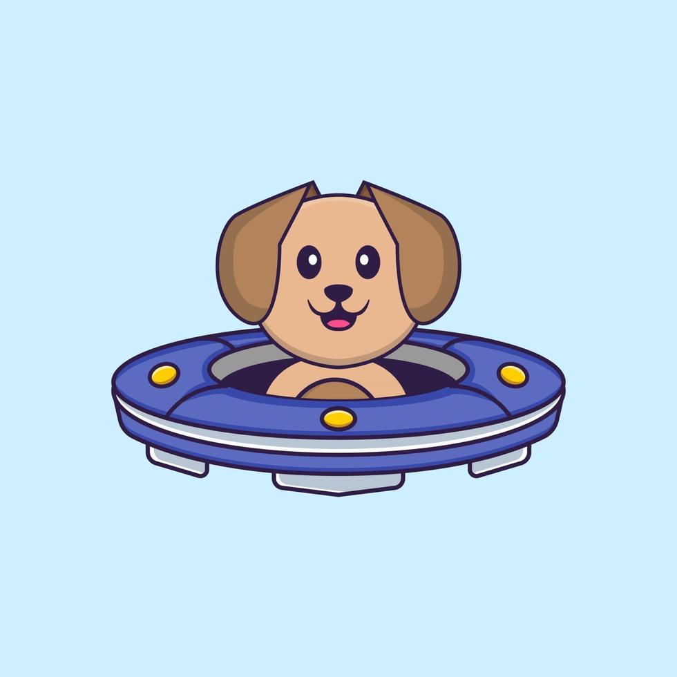 simpatico cane che guida l'astronave ufo. concetto animale del fumetto isolato. può essere utilizzato per t-shirt, biglietti di auguri, biglietti d'invito o mascotte. stile cartone animato piatto vettore