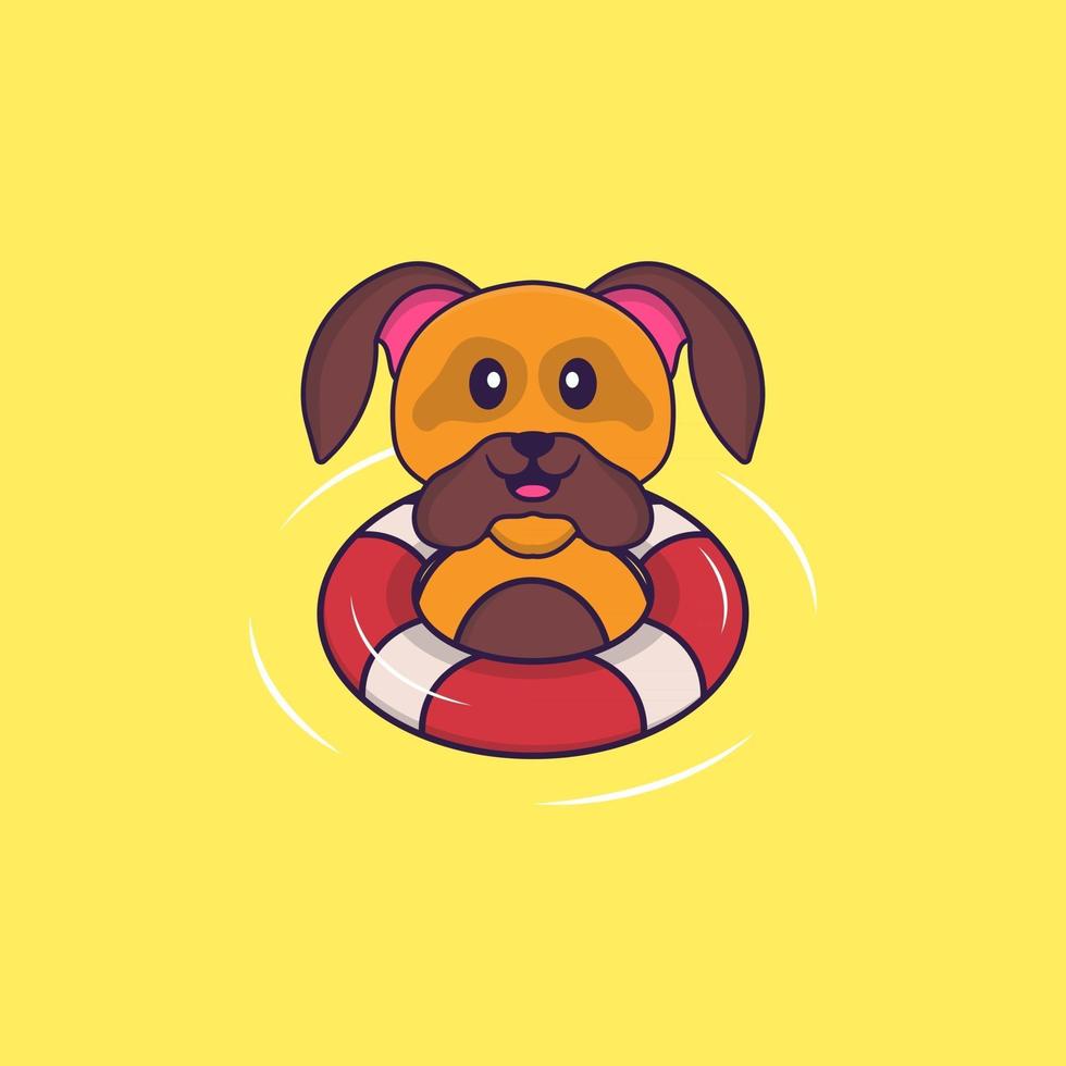 simpatico cane sta nuotando con una boa. concetto animale del fumetto isolato. può essere utilizzato per t-shirt, biglietti di auguri, biglietti d'invito o mascotte. stile cartone animato piatto vettore