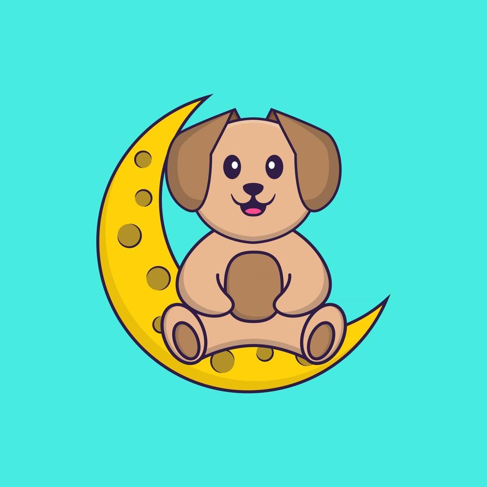 simpatico cane è seduto sulla luna. concetto animale del fumetto isolato. può essere utilizzato per t-shirt, biglietti di auguri, biglietti d'invito o mascotte. stile cartone animato piatto vettore