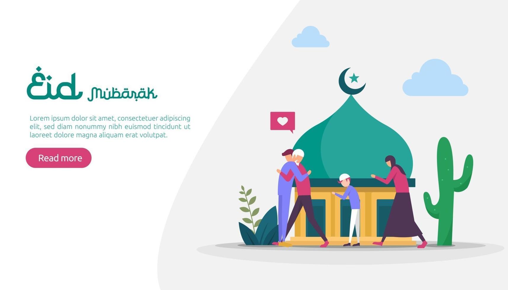 concetto di illustrazione di design islamico per felice eid mubarak o saluto ramadan con carattere di persone. modello per landing page web, banner, presentazione, social, poster, annunci, promozioni o supporti di stampa. vettore