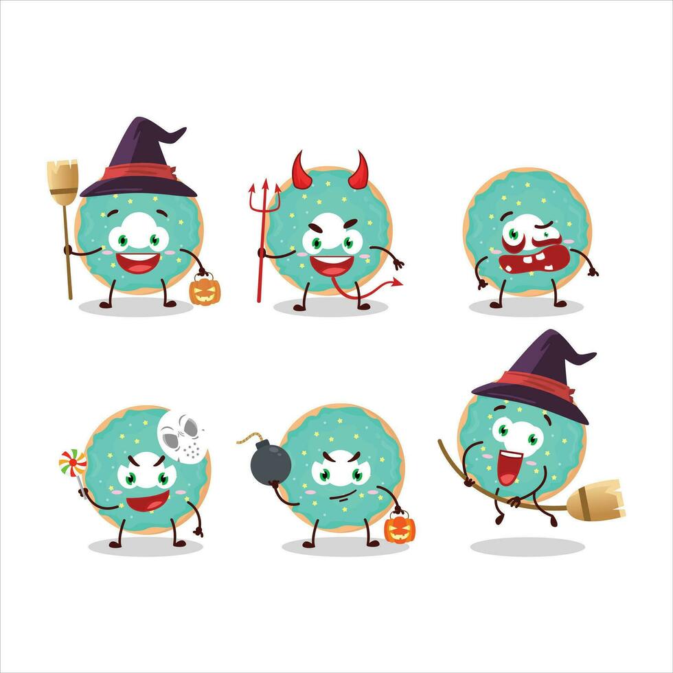 Halloween espressione emoticon con cartone animato personaggio di vaniglia blu ciambella vettore